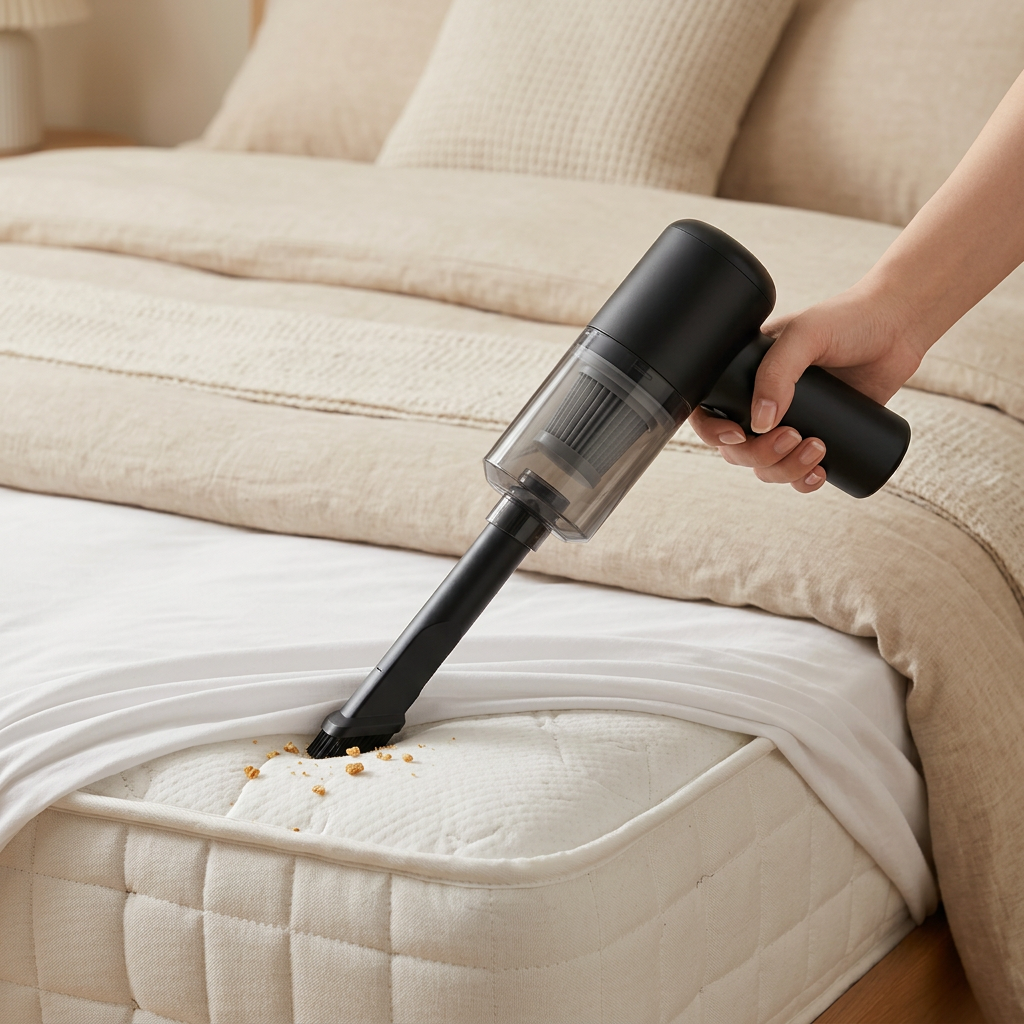 Aspiradora limpiando la costura de una cama
